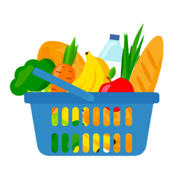 Panier de courses avec fruits, légumes, pain et eau